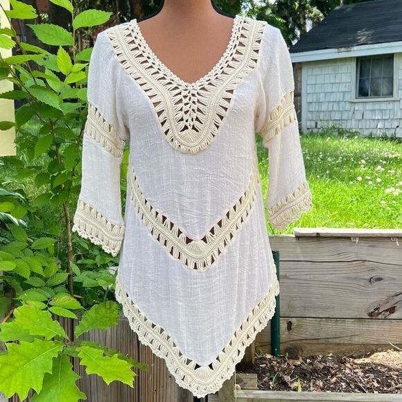 Active USA Boho Crochet Peasant Top Ibiza Festival Beach Cover Up, S/M - Picture 3 of 11